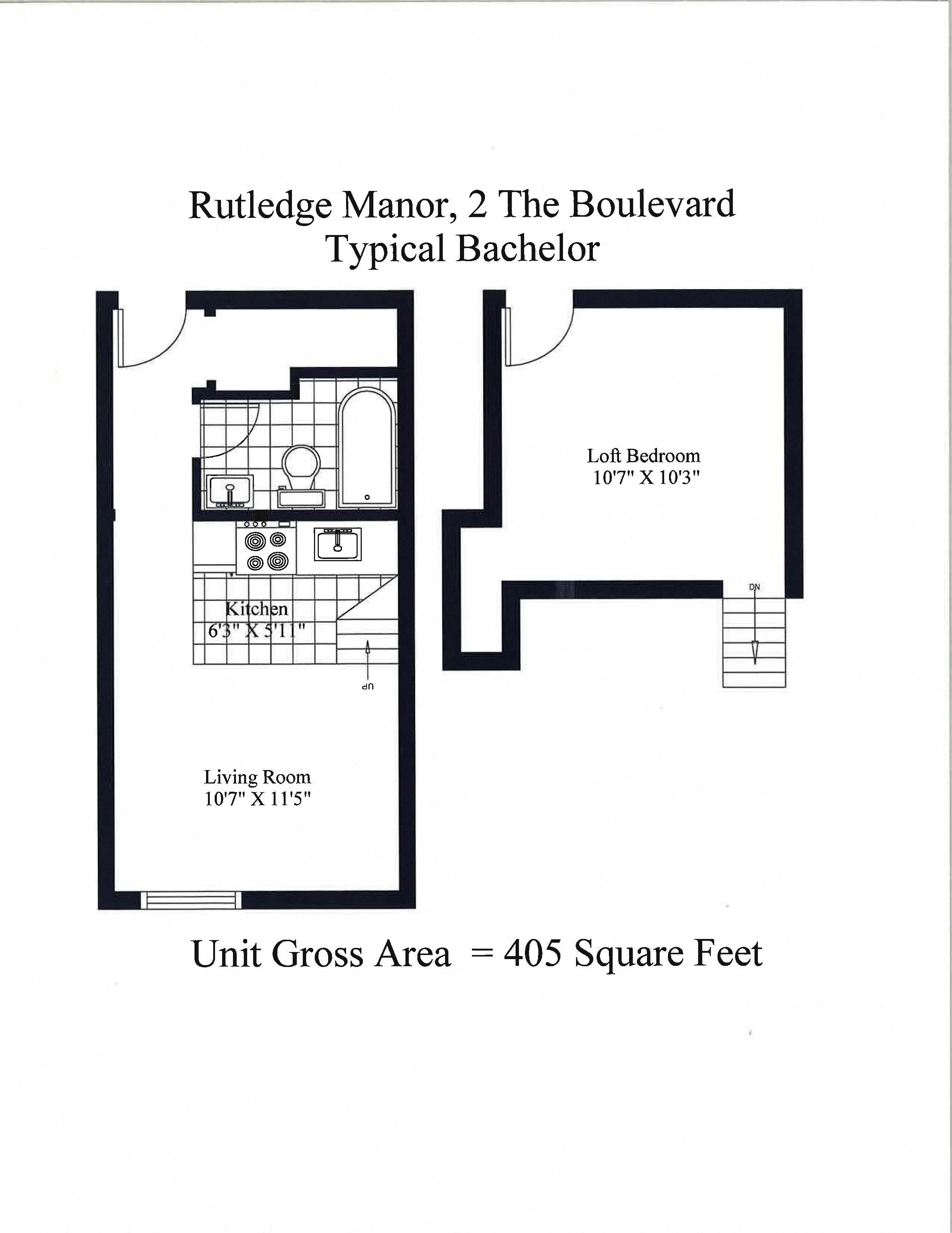 Floor plan for studio, 1 bath, 405 sqft
